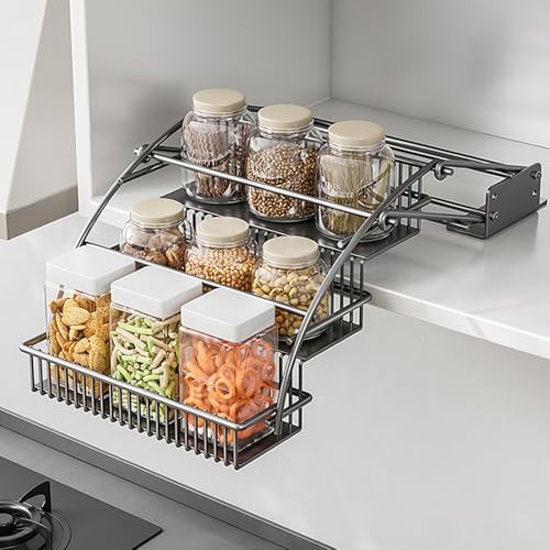 3-Tier Pull Down Spice Rack Organizer for Inside Cabinet Pantry Expandable Display Riser Shelf Kitchen Seasoning Shelf(27.5cm/10.8in) - size: 27.5 cm/10.8 in/Gun
