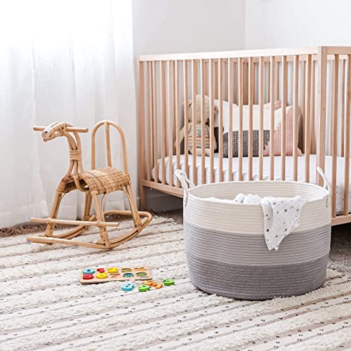 OrganiHaus Large Woven Storage Basket for Blankets and Toys 20" x 13" Inch, Rope Laundry Basket with Handles, Cushions & Pillows Storage Bin, Nursery Hamper, Soft Round Dog Toy Bin - Gray - color: 3-toned Gray, size: Wide