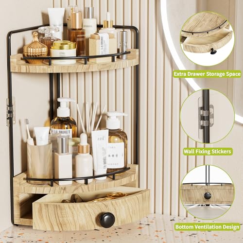 2-Tier Corner Bathroom Counter Organizer with Drawer & Embedded Screw Holes - Wooden Countertop Organizers for Skincare, Makeup Storage, Bathroom Sink Counter Shelf for Vanity, Kitchen, Wood color - color: Wood color