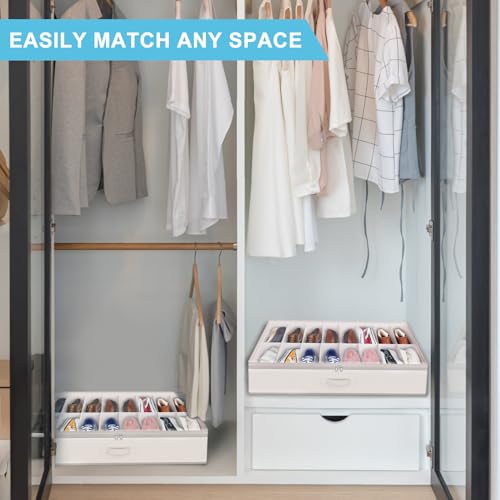 Under Bed Shoe Storage Organizer for Closet, 32 Pairs Sturdy Underbed Shoe Storage Boxes Bins Container Foldable Shoes Storage with Reinforced Handles & Clear Window for College Dorms Beige, Set of 2 - color: Beige