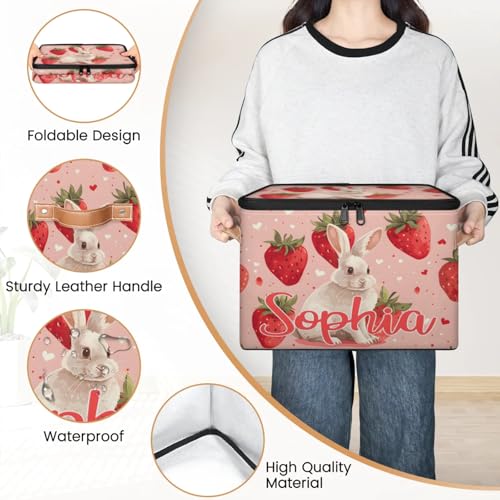 Custom Storage Basket with Name, Personalized Storage Bins with Zipper Lid, Foldable Fabric Storage Box Large capacity with Handle Strawberry Rabbit - color: Option 24