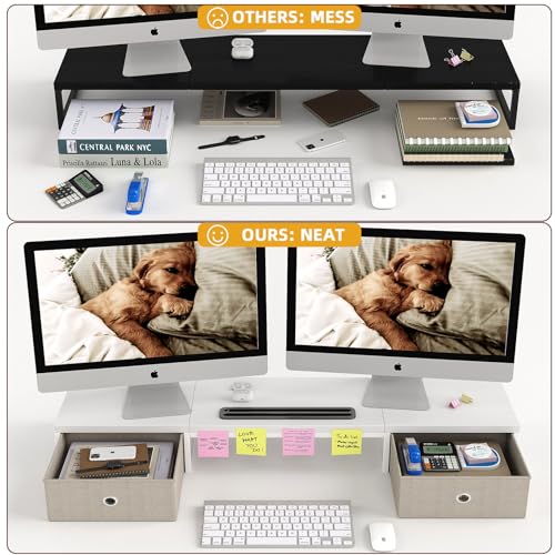 39 Inch Dual Monitor Stand Riser with 2 Drawers - Large White Wooden Computer Stand for 2 Monitors, Ergonomic Desk Organizer with Phone Holder, Desktop Storage for Laptop, Office Supplies, Home Office - color: White
