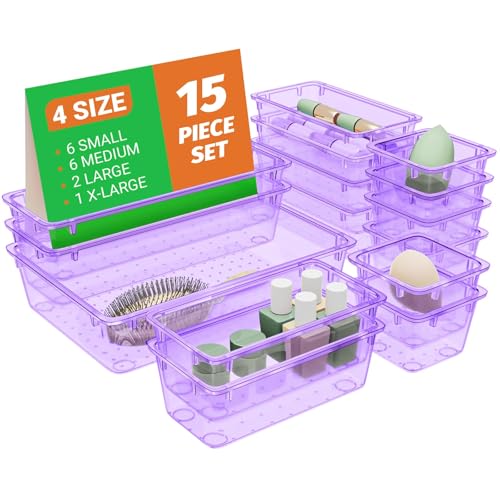 SpaceHacks 15 PCS Clear Plastic Drawer Organizer Set, 4-Size Acrylic Drawer Storage Trays, Storage Bins for Makeup, Gadgets, and Jewelry in Bathroom, Bedroom and Office, Clear Purple - color: Purple