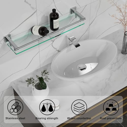 Glass Shelf for Bathroom Wall Sheves 24 inches Rectangular Stainless Steel Tempered Glass Modern Wall Mount Accessories Organizers Storage (Chrome Polished, 24‘’) - color: Chrome Polished, size: 24'' with Railing
