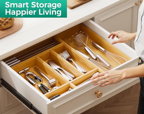 Bamboo Kitchen Drawer Organizer Boxes – 9" x 3" Stackable Wood Silverware Utensil Tray for Drawers Bins, Cutlery & Flatware Storage – Wooden Organizers Set of 2 for Junk Drawer, Bathroom, RV - size: 9" x 3" x 2"