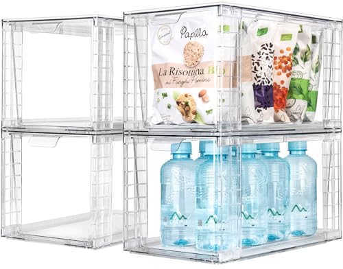 4Pack Large Stackable Kitchen Storage Drawers, Clear Foods Organizer Bins with Handles, Easily Assemble for Bathroom, Kitchen, Pantry, Cabinet, Closet(XL-UP Handle) - color: Up Handle, size: 4 Pack