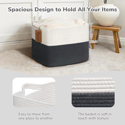 Goodpick Woven Storage Baskets for Organizing, 18" x 14" x 12" Baby Laundry Blanket Toy Basket for Living Room, Rectangle Cotton Rope Baskets with Handles, Dark Gray - color: Dark Gray, size: 18"L x 14"W x 12"H
