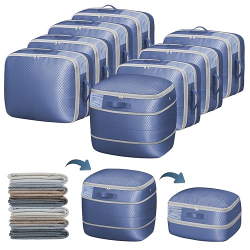 DIMJ Compression Storage Bags 8 Pack - Blanket Storage Bags with Window Zipper, Ultra Space Saving Self Compression Organizer for Puffer Jacket, Bedding, Lightweight Comforter Duvet, Sweater, Sheet - color: Navy Blue, size: 39L x 8 Pack