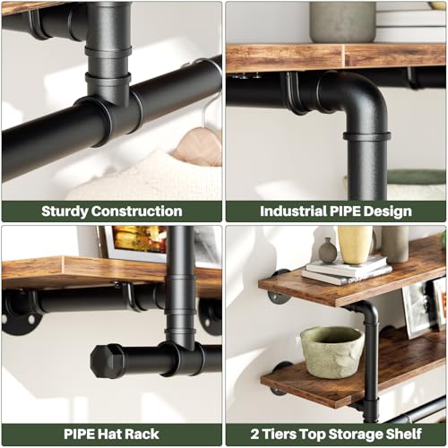 Aheaplus Industrial Pipe Clothes Rack with Top Shelf, 73In Space-Saving Wall Mounted Clothing Rack, 2 Tiers Heavy Duty Pipe Clothing Shelves with Hanging Rod for Laundry Room, Closet, Rustic Brown - color: Rustic Brown, size: 73IN