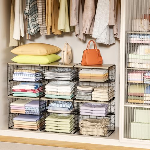 4-Tier Widened Closet Organizers and Storage, Extra Long Stackable Closet Shelf Organizer with Adjustable Dividers and Wood Top, Large Closet Storage Basket for Clothes, Jeans, Wardrobe Organization