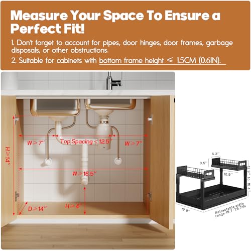 1 Pack-16"-26"W Expandable Under Sink Organizer With Upgrade Ball-Bearing Slide,2-Tier Pull Out Under Cabinet Organizer Height Adjustable,Not Suitable For Cabinets With Partitions In The Middle - color: Black, size: 1 Pack-16"-26"W