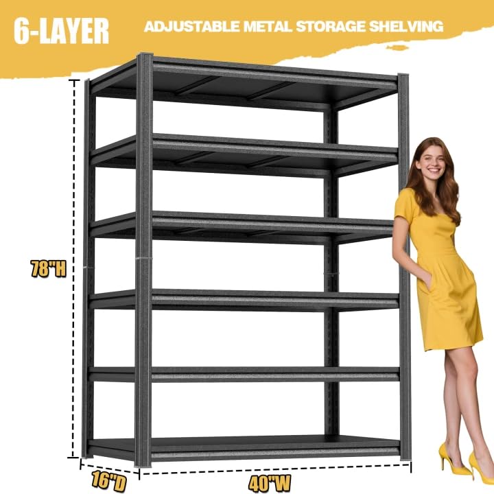 Heavy Duty Garage Shelving, 6-Tier Metal Storage Shelves, 3600LBS, 78" H Adjustable Industrial Rack, Steel Utility Shelf Unit for Warehouse, Garage, Basement, Kitchen, 40" W x 16" D x 78" H - size: 40"W x 16"D x 78"H