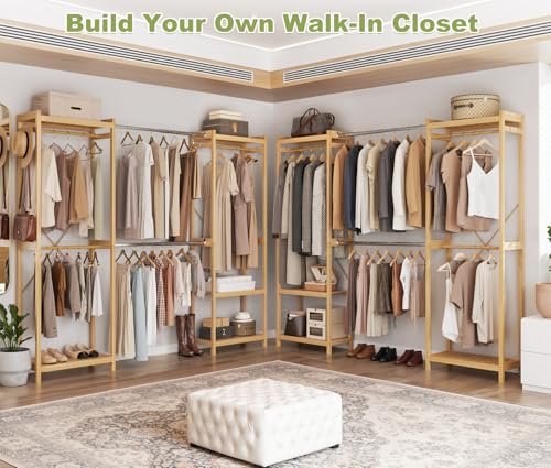 Homykic Bamboo Closet System, 71"-91" Expandable Clothing Rack with 5 Hanger Rods & Shelves, 6.6ft Tall Garment Rack Organizer for Walk-in Closet Bedroom, Max Load 850LBS, Easy to Assemble - color: Natural, size: 91"Wx14.2"Dx79"H