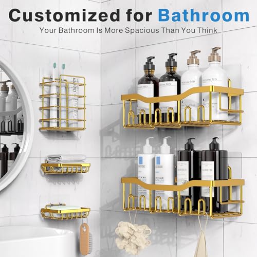 EUDELE 5-Pack Rustproof Stainless Steel Shower Caddy – No Drill Adhesive Bathroom Organizer with Large Capacity, Spacious Shower Shelves for Inside Shower, Kitchen & Home Decor Storage-XL Size - color: Bright Gold