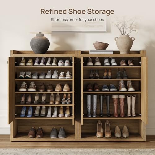 SICOTAS Shoe Cabinet Storage for Entryway - 72-Pair Shoe Cabinets with Doors and Adjustable Shelves, Modern Large 7-Tier Shoes Storage Cabinet for Mudroom Closet Hallway Living Room, Brown Oak, 3PCS - color: Brown Oak, size: 3 Pieces