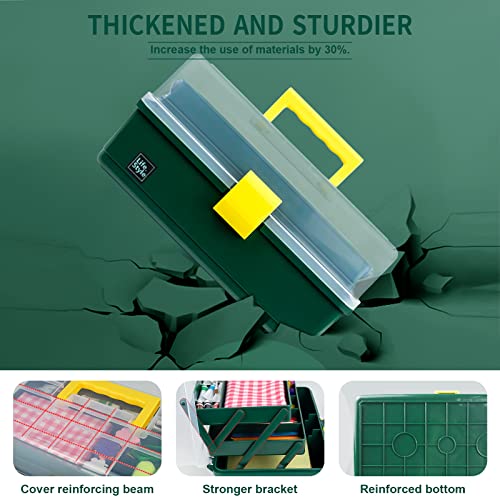 Creahaus 13 inch Art Craft Organizer Storage Box with 3 Layer, Multipurpose Plastic Tool Box with Handle for Sewing, Art Supply, Medicine, Nail, Hair Accessories (Dark Green) - color: Dark Green