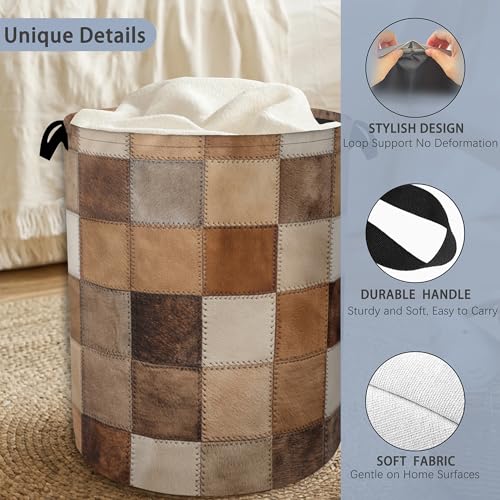 Vintage Cowhide Laundry Basket,Oxford Cloth Laundry Hamper with Handle Foldable Portable Clothes Storage Basket for Bathroom Bedroom Dorm Room 16" x 20.8" - color: Vintage Cowhide