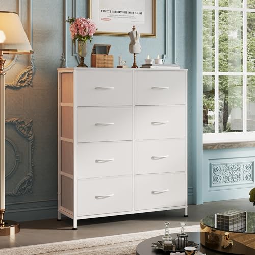 WLIVE Fabric Dresser for Bedroom, Tall Dresser with 8 Drawers, Storage Tower with Fabric Bins, Double Dressers, Chest of Drawers for Closet, Playroom, Dormitory, White - color: White, style: General