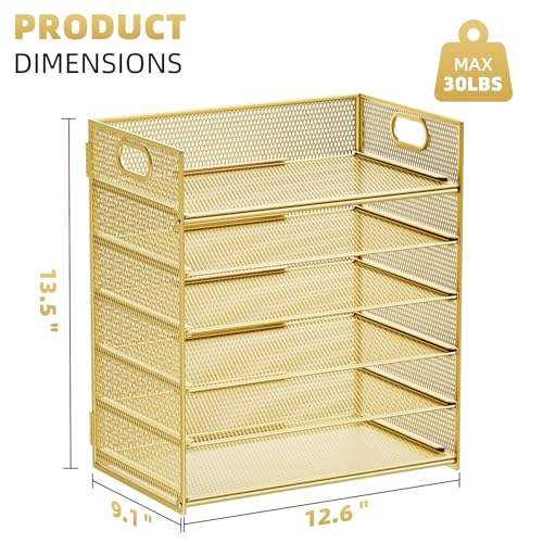 Marbrasse Paper Letter Tray Organizer - 6 Tier Mesh File Organizer with Handle, Paper Sorter Organizer for Letter/A4 Office File Folder Holder - Gold - color: Gold