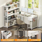 PRAISUN 57 Inch L Shaped Gaming Computer Desk with Larger Open Cabinet, Reverisble Office Desk with Power Outlets, LED Lights, Work Desk, Fabric Drawer, Adjustable Wood and Mesh Shelf, White - color: White