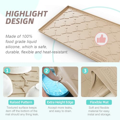 SIKADEER Waterproof Under Sink Mat 22x19, Raised Edge Silicone Mat Under Sink Shelf Liner, Sink Protector Kitchen Cabinet Tray for Bathroom Vanity and Small Cabinets, Cat Food Mat - color: Beige, size: 22"W x 19"L