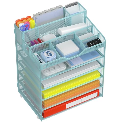 Docnest 6 Tier Mesh Desk Organizer for Paper Office Supplies – Multi-Functional Letter Tray with 5 Adjustable Compartments, 7 Pen Holders, Desktop Storage for Files, Mail, Stationery – Blue - color: Blue, size: 12.7" x 9.1" x 15.5"