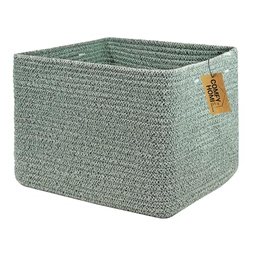 COMFY-HOMI Square Woven Cotton Rope Basket for Organizing, Gift Baskets for Handles, Empty Gift Baskets, Toy Basket for bins|13.5" x 11" x 9.5" home decor for Living Room, Bathroom - color: Green, size: 13.5"X11"X9.5"