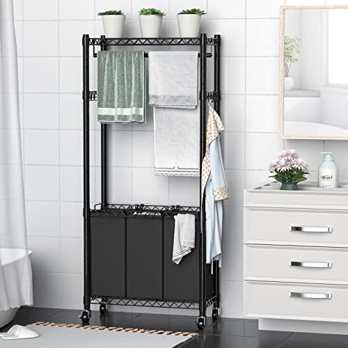 Hodonas Rolling Laundry Basket Organizer with Wheels and Hanging Bar, Laundry Hamper Cart Laundry Sorter 3 Section, Dirty Clothes Hampers for Laundry Bedroom Bathroom w/ 3 Removable Bags, Black - color: Black