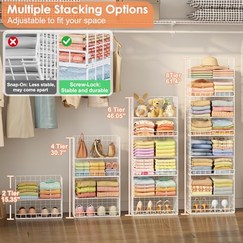 8 Tier Extended Width Hanging Closet Organizer, Sweater Storage for Closet Organizer System, Stackable Wire Basket Bins for Clothes Purse Shoes, Hanging Shelves with 4 Hooks & 4 Dividers Adjustable