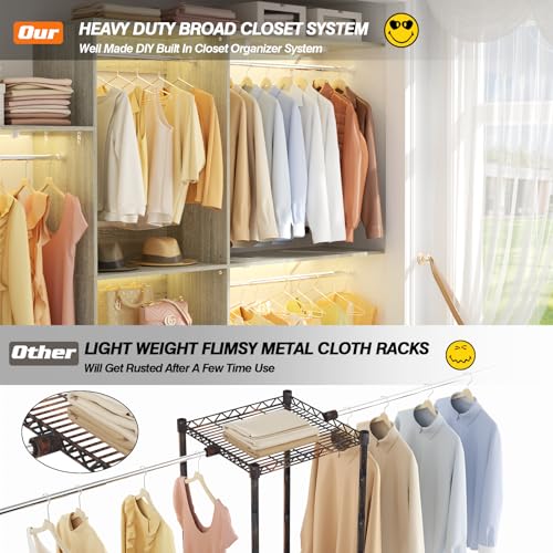 iSunirm 8FT Closet System with Shelves, 96'' Closet Organizer System with 3 Hanging Rods, Wall Mount Bedroom Wardrobe Walk-in Closet, Adjustable Cloth Garment Rack from 5 to 8FT(Cut to Fit), White Oak - color: White Oak