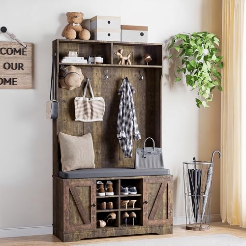 71" Hall Tree with Bench and Shoe Storage, Entryway Hall Tree with 2 Doors and 6 Adjustable Shelves, Cushioned Storage Bench with Coat Rack for Hallway, Living Room, Mudroom - color: Rustic Brown