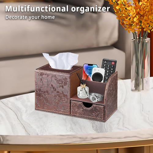 YAPISHI Square Tissue Box Cover with Storage Drawer, PU Leather Facial Tissues Cube Boxes Holder Modern Makeup Remote Control Holder, Nightstand Organizer Caddy for Bathroom Vanity, Office, Home Decor - color: Archaize