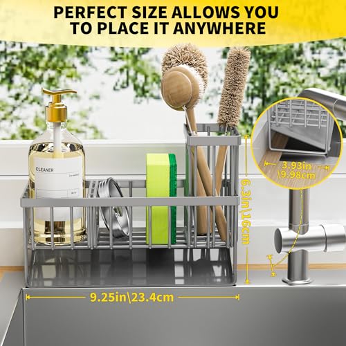 Cisily Sink Caddy Organzier with High Brush Holder, Sponge Holder for Sink, 304 Rustproof Stainless, Kitchen Countertop Soap Dispenser Organizer, Gray Kitchen Decor and Accessories - color: Grey, size: 9.25″