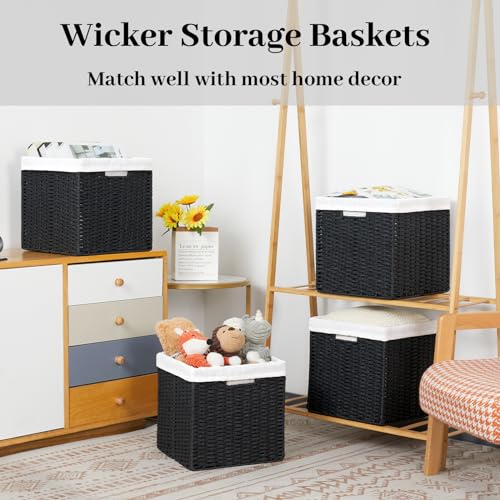 DULLEMELO Wicker Storage Baskets 11x11 Cube Storage Bins for Organizing Woven Baskets Set of 2 Waterproof Wowen Storage Cube Organizer for Pantry Closet Set of 2 - Black - color: Black, size: 11in-2 pack