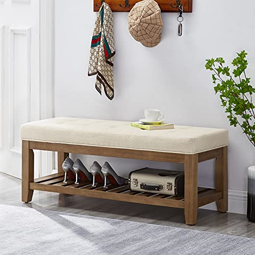24KF Large Rectangular Upholstered Tufted Linen Ottoman Bench, Padded Bench with Solid Wood Shelf-Ivory - color: Ivory-bench, size: 16"D x 44"W x 18"H