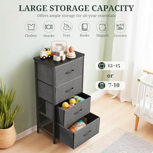 Nightstand, 4 Drawer Dresser End Table Bedside Furniture with Wooden Top Steel Frame Fabric Bins for Bedroom, Closet, Entryway, Dorm, Living Room, Gray - color: Grey, size: 11.8"D x 17.7"W x 37.4"H (4 Drawers)