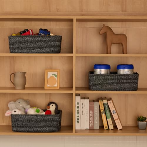 MiniArk Large Shallow Organizing Baskets 15x11x5.1 Inches - Rope Woven Storage Bins for Bathroom, Shelves, Cube Closet, Mixed Black 2 Packs - color: Mixed Black, size: 2pcs-L15×W11×H5.1"