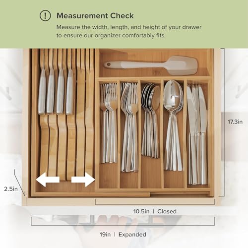 KitchenEdge Premium Silverware, Flatware and Utensil Organizer for Kitchen Drawers, Food-Safe Contract Grade, Expandable from 10.5 to 19 In, Natural Bamboo - color: Natural Bamboo, size: From 10.5" to 19" wide
