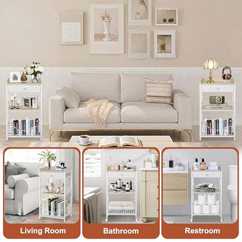 4-Tier Small Side Table with Storage Drawer, Tall Nightstand with Wheels & Basket, Rolling Bathroom Table for Small Spaces, Bedroom, Living Room, Dorm, White and Natural - color: White With Natural