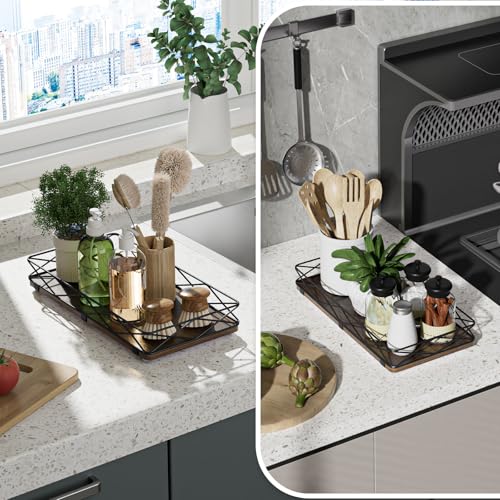 Lixple Toilet Paper Basket Holder, 13" Toilet Tank Tray, Wood and Metal Toilet Tray Vanity Organizer Bathroom Tray, Kitchen Sink Organizer for Soap Dispenser (Brown+Black) - color: Brown+black