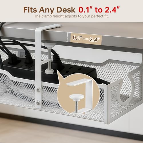 Upgraded 25.2'' Under Desk Cable Management Tray, No Drill Clamp-On Design Wire Organizer, Cable Organization Box for No Damage to Desk, Metal Cord Organizer for Home Office, White - color: White