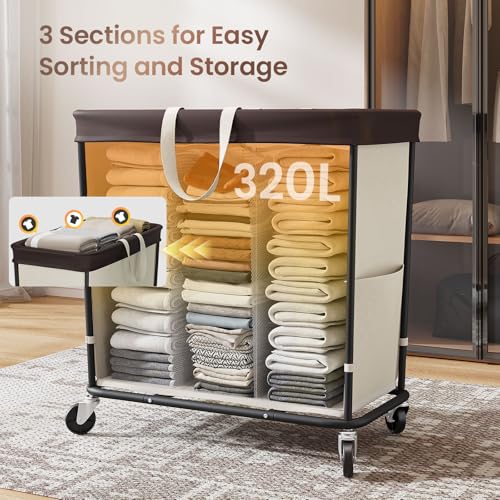 320L Laundry Basket with Wheels, 3-Section Rolling Hamper for Laundry, Extra Large Laundry Hamper with Wheels, Clothes Hamper Rolling Laundry Basket for Home, Bathrooms and Dorm(Beige) - color: Beige-3 Section, size: 320L