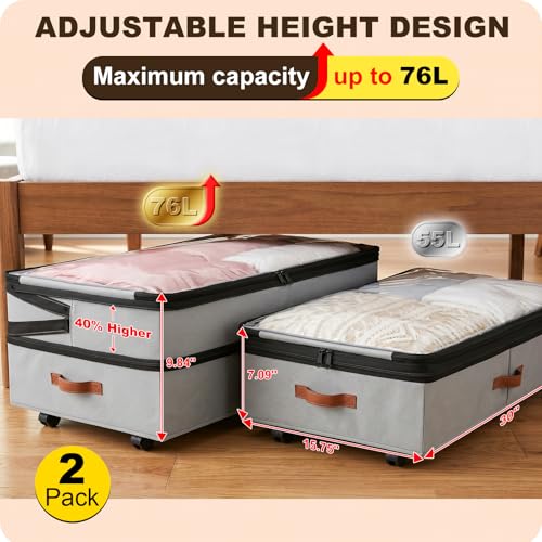 2 Pack Under Bed Storage with Wheels, Adjustable-Height Rolling Storage Containers with Clear Lids, 76L XXL Durable Underbed Organizer Bins for Clothes, Shoes, Blankets, Bedroom, Dorm, Closet - Gray