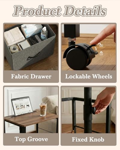 Faesun Swivel Lift Top Nightstand with Charging Station, Rolling Side Table for Recliner, Bedside Table with Wheels & a Fabric Drawer, for Small Spaces, for Bedroom, Living Room, Walnut Gray - color: Walnut Gray, size: 1 Drawer