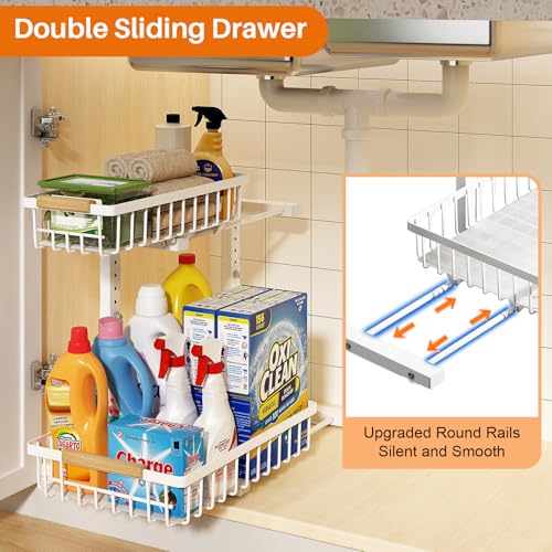 REALINN Under Sink Organizer, Height Adjustable Under Sink Organizers and Storage, 2 Tier Pull Out Drawer Cabinet Storage for Kitchen Bathroom, 2 Pack, White - color: White, size: 2 Pack