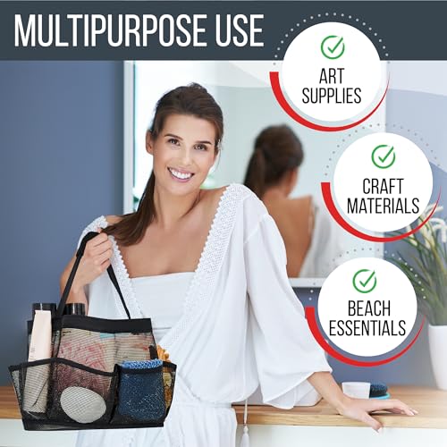 Masirs Shower Caddy Mesh - 9 Pocket Portable Bathroom Organizer Tote for Travel, Gym & Dorm - Collapsible Small Shower Caddy Bag to Hold Toiletries & Essentials (Black) - color: Black