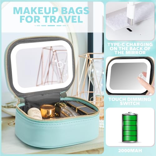 Mini Makeup Bag with Led Mirror, Small Travel Make up Bag 3 Light Modes Adjustable Brightness, for Women Organizer Cosmetic Bag, Portable Travel Train Toiletry Bag, for Pool Parties Work Touch-Ups - color: Blue