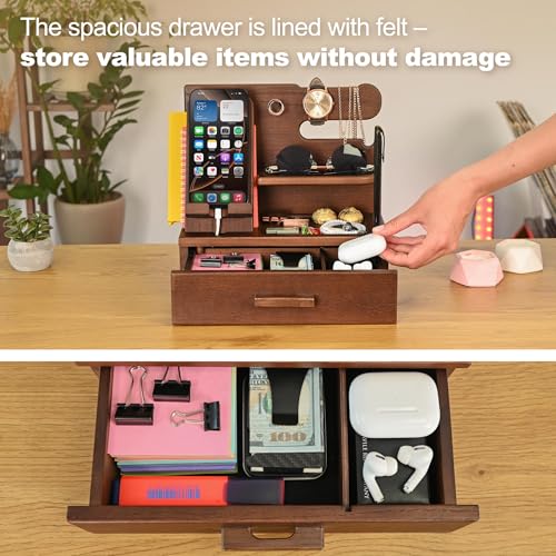 TESLYAR Wood Phone Docking Station with Drawer - Nightstand Organizer - Desk Organizer for Husband - Birthday Gifts for Men, Dad, Anniversary Idea, Key Holder Stand Watch & Accessories (Antique Brown) - color: Antique Brown