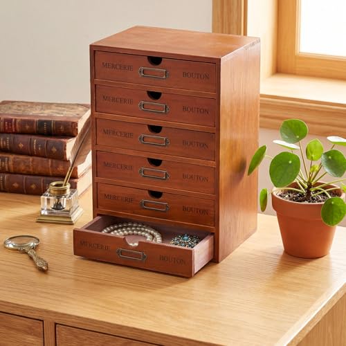 Wesiti 6 Drawer Vintage Wooden Desk Organizer, Apothecary Cabinet Storage Drawers, Rustic Shelf Drawer, Home Office Organizers and Accessories, Embroidery Floss, Craft, Art, Jewelry Storage, Stackable - color: Brown, size: 6 Drawers