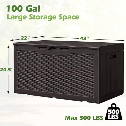 Greesum 100 Gallon Resin Deck Box Large Outdoor Storage, Imitation Rattan Weave Texture for Patio Furniture, Garden Tools, Pool Supplies, Weatherproof and UV Resistant, Lockable, Dark Brown - color: Dark Brown, size: 100 Gallon